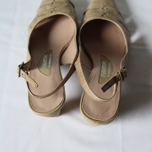 FUGITIVE By Francesco Rossi Leather Sling Back Heels Beige/Kaki Unique Size 38 - Picture 7 of 14
